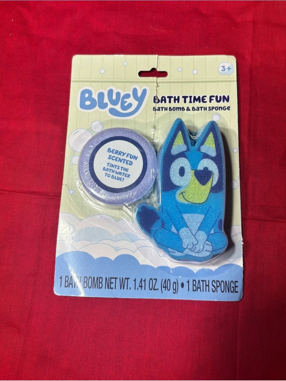 New Bluey Bath Time Fun Set - Blue & Lime Sponge with Berry Bath Bomb
